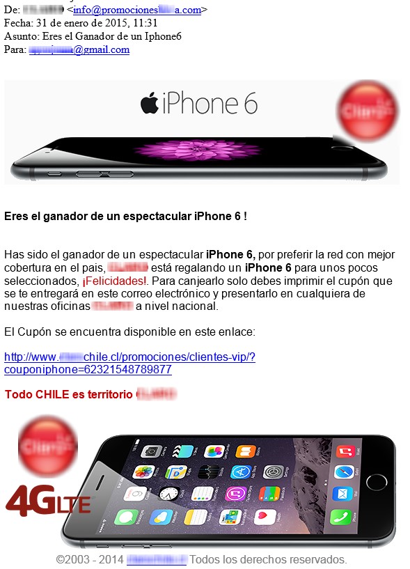 Correo que informa de supuesto premio propaga malware en Chile